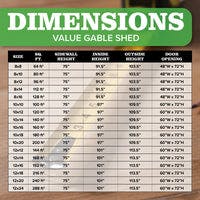 value gable storage shed dimensions table